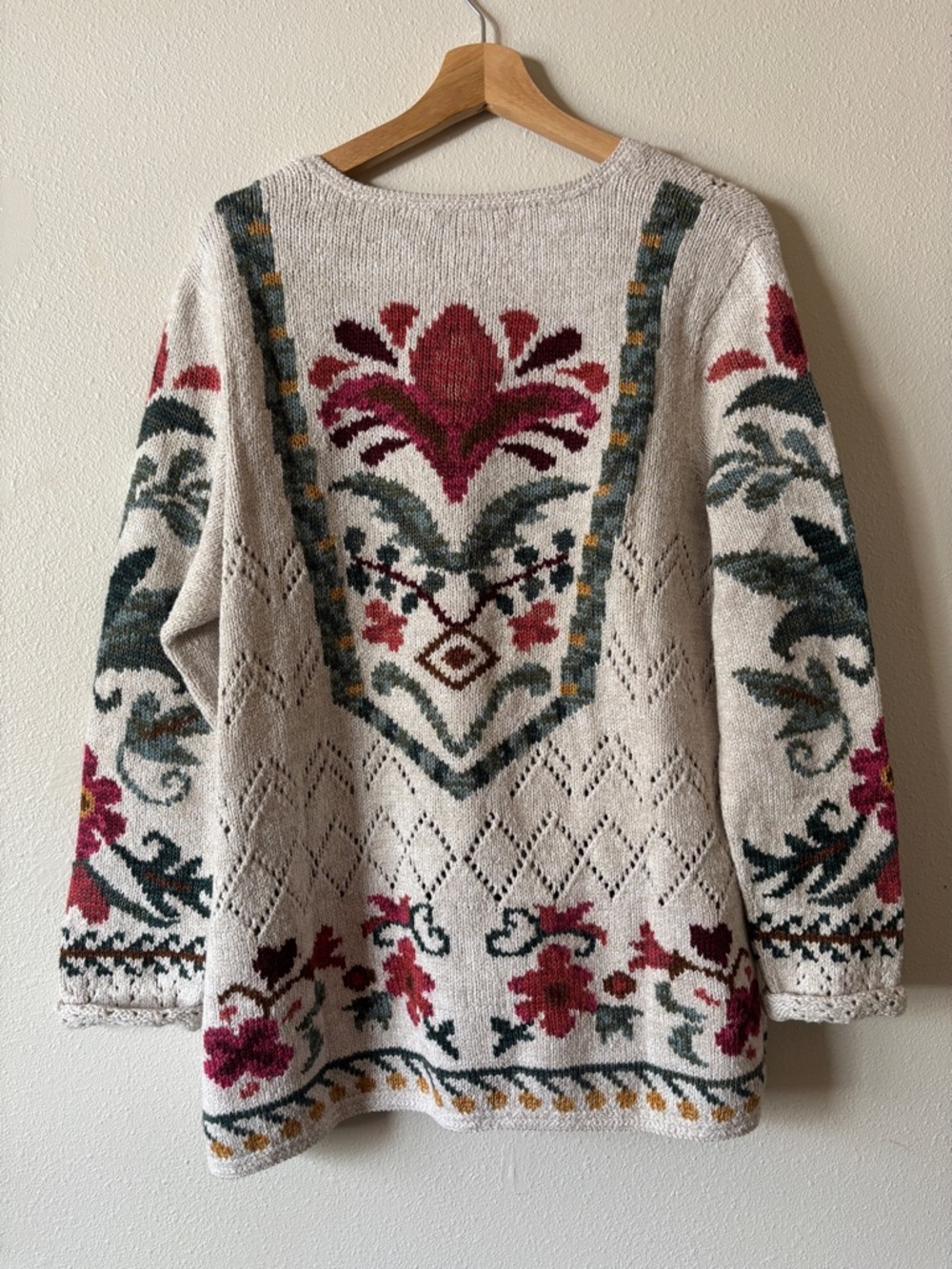 Peruvian Connection Pima Cotton and Alpaca Cream Cardigan Sweater Floral XL - Picture 7 of 10